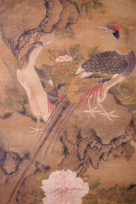 Lot 194: Attributed to Bian Lu (Uighur, Yuan Dynasty, d. 1356), ‘Flowering Tree with Birds,’ ink and watercolor on silk, signed Bian Lu lower right, 77 1/2 inches high x 23 inches wide. Estimate: $20,000- 40,000. Gray’s Auctioneers image.