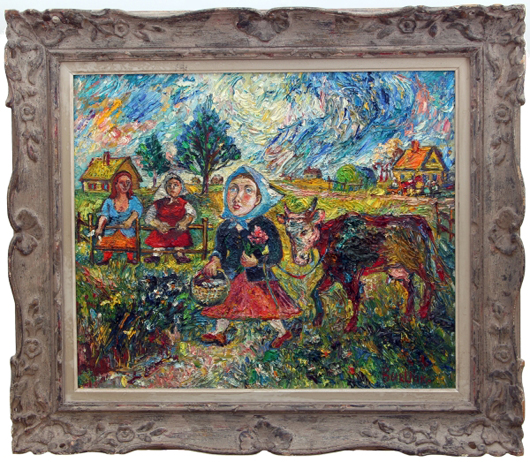 Lot 59: David Davidovich Burliuk (1882-1967), ‘Farm Scene,’ oil on canvas, signed lower right, 20 inches high x 24 inches wide. Estimate $15,000-20,000. Gray’s Auctioneers image.