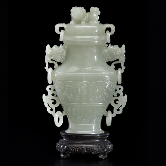 Chinese celadon jade covered vessel, estimate $8,000-$12,000. Cowan's Auctions Inc.
