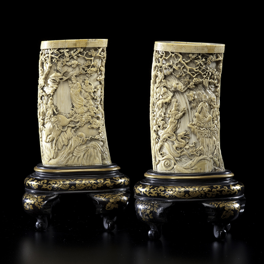 Exceptionally carved pair of Meiji Period Japanese brush pots, $6,000-$8,000. Cowan's Auctions Inc.