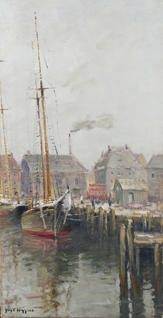 Guy Carleton Wiggins (New York/Connecticut, 1883-1962, genre painting of ship docked harborside, est. $7,000-$9,000. Quinn’s Auction Galleries image.