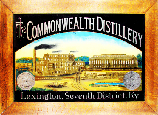 Commonwealth Distillery, Lexington, Ky., reverse glass painted sign. Estimate: $20,000-$25,000. Showtime Auction Services image.