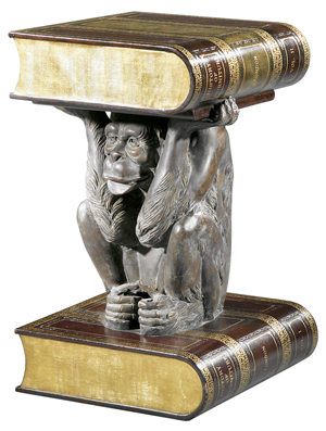 A live monkey in the living room would be a shock, but this monkey is bronze. He is holding a leather-bound book that serves as a tabletop. The whimsical table sold for $1,342 at Neal Auction Co. in New Orleans in July.