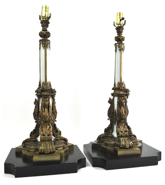 Monumental pair of Beaux Arts bronze lamps, attributed to Caldwell Lighting, 24 inches tall. Gallery 95 Auction image.