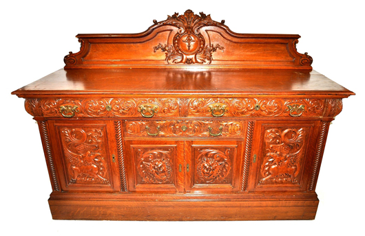 Magnificent Victorian Gothic tiger oak sideboard attributed to R.J. Horner, abundantly carved. Gallery 95 Auction image.