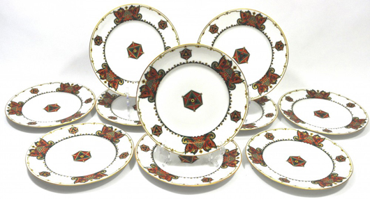Set of 10 plates by Kornilov, St. Petersburg, Russia, circa 1910, partially executed in gold. Gallery 95 Auction image.