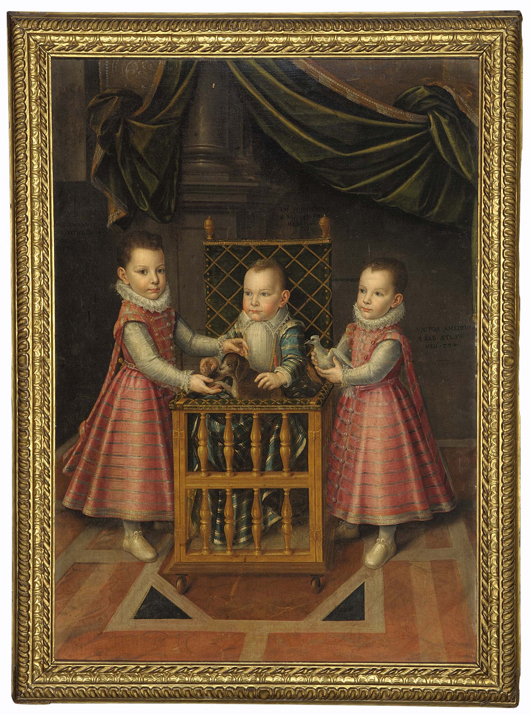 Lot 1269: Attributed to Jan Kreack, called Giovanni Caracca, triple portrait of Filippo Emanuele, Emanuele Filiberto and Vittorio Amedeo, 1589, oil on canvas, 182 x 135 cm with frame, estimate €15,000. Courtesy Bolaffi Turin.