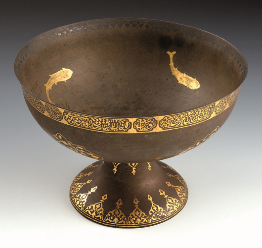 Lot 1203: Ritual cup in metal and gold, Persia, 17th century, height 14.5 cm, diameter 22 cm, estimate €750. Courtesy Bolaffi Turin.