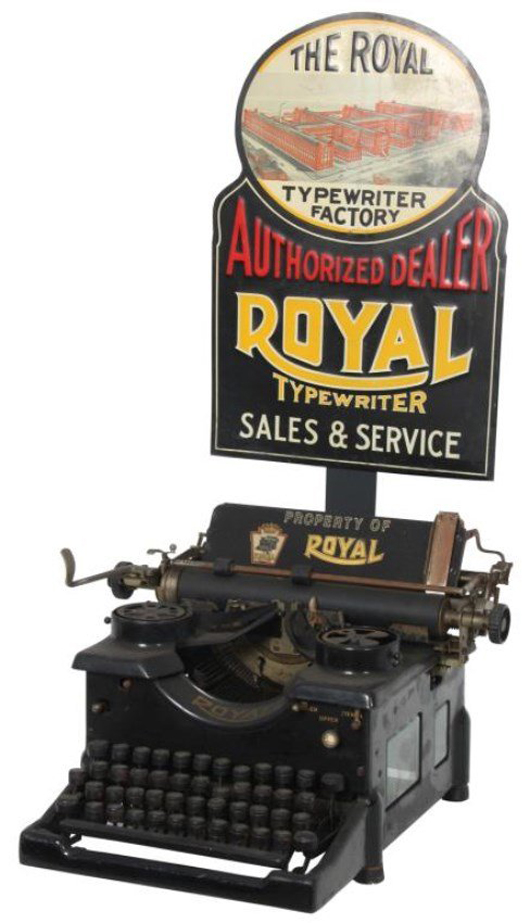 Royal typewriter advertising display. The Royal Number 10 typewriter, first produced in 1914, mounted with a pressed tin store advertising display sign. Image courtesy LiveAuctioneers.com Archive and Fontaine's Auction Gallery.