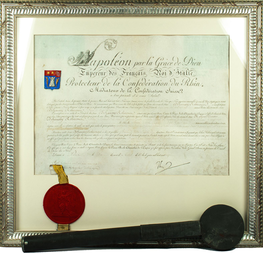 Los Nr. 645, ein  Zertifikat, die den Titel “Baron”  aufzeigt, von Napoleon Bonaparte unterschrieben. Foto mit freundlicher gehnehmigung von Leipziger Münzhandlung und Auktionshaus Heidrun Höhn.