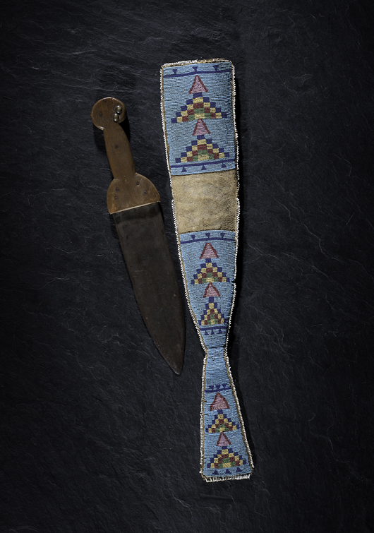 Crow Foot’s Blackfeet dag knife with the beaded hide sheath. Price realized: $78,000. Cowan’s Auction Inc. image.