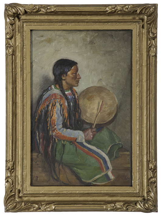 Joseph Henry Sharp, ‘Pueblo Drummer,’ sold for $99,000. Cowan’s Auction Inc. image.