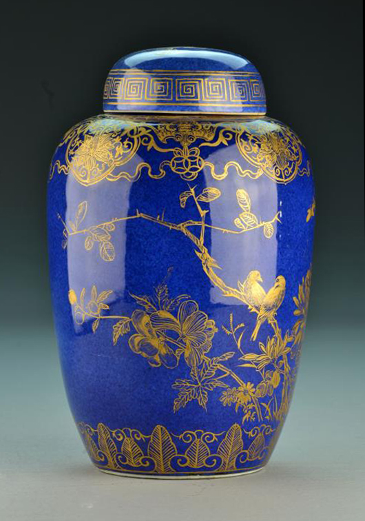 Chinese Qing blue and gilt-decorated porcelain jar. Midwest Auction Galleries image.