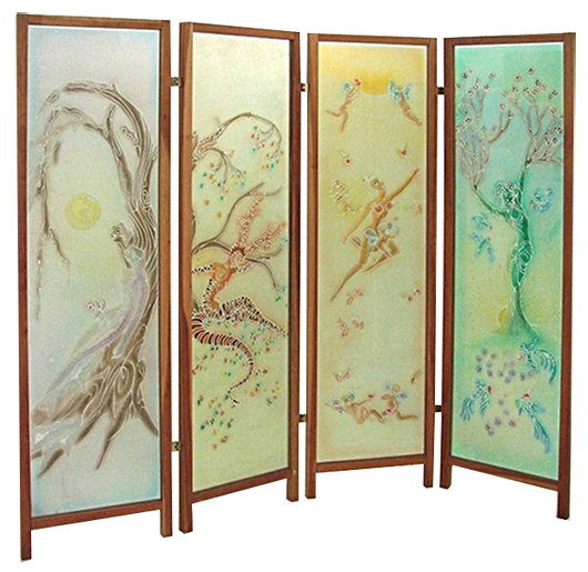 Studio Davico Four Season screen. Wooden structure, hand decorated acid engraved glass panels. Estimate: €5,000-€6.000. Nova Ars image.