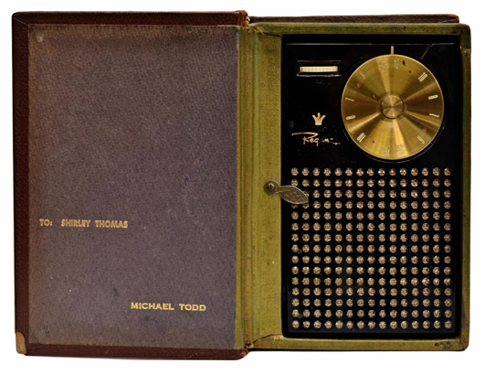 Scarce black Regency TR-1 transistor radio, 1950s, a gift from producer Michael Todd. Austin Auction Gallery image.