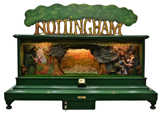 Custom-built carved and painted wood automaton 'Nottingham' by Frank Nelson 1992, (British, 1930-2012). Austin Auction Gallery image.
