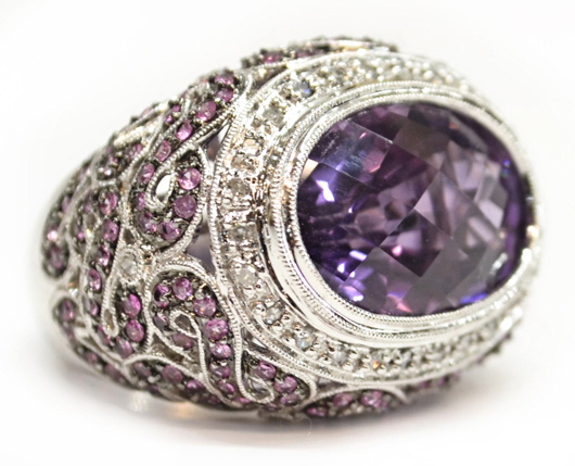 Woman's 14K white gold, amethyst, pink sapphire and diamond. Austin Auction Gallery image.