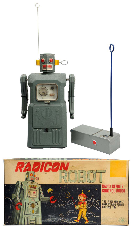 Top lot of the sale, Radicon Robot from Masudaya’s Gang of Five series, with original remote control and box, $37,200. Morphy Auctions image.