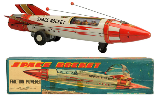 Tin-litho friction Space Rocket with original box, made by Toymaster Japan, $11,400. Morphy Auctions image.