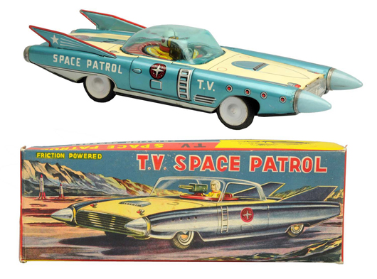 T.V. Space Patrol tin car in sky blue with a bubble top and pictorial box, $16,800. Morphy Auctions image.