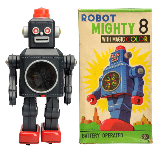 Masudaya Robot Mighty 8 with Magic Color, boxed, $15,600. Morphy Auctions image.