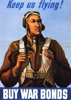 This 1943 poster promoting the sale of war bonds depicts a Tuskegee Airman, probably Lt. Robert W. Diez. National Archives and Records Administration photo.
