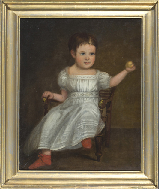 19th-century American folk art painting of young boy seated in a classical chair, holding a piece of fruit. Oil on canvas, 29in by 24in sight. Descent through Virginia family. Est. $2,000-$4,000. Quinn & Farmer image.