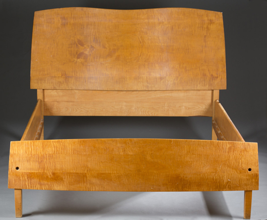 Jere Osgood (American, b. 1936-) curly maple queen-size bed, made in 1973, signed, est. $8,000-$12,000. Quinn & Farmer image.