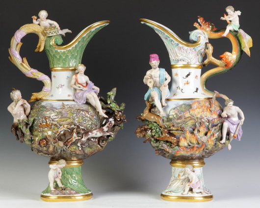 Pair of Meissen ewers from the ‘Four Elements’ series, depicting Earth and Fire (est. $8,000-$12,000). Cottone Auctions image.