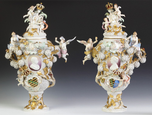 Meissen armorial covered urns, intricately decorated, probably given as gifts by the Princess of Sweden (est. $10,000-$15,000). Cottone Auctions image.