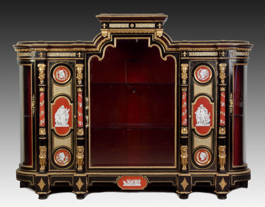 Monumental Napoleon III ebonized and inlaid porcelain cabinet with KPM plaques (est. $15,000-$25,000). Cottone Auctions image.
