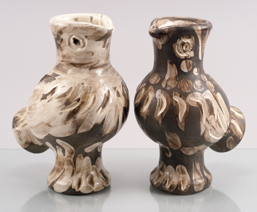 Picasso pottery ‘Chouettes’ (Owls), each 11¾in tall, to be auctioned separately, each with a $5,000-$8,000 estimate. Quinn & Farmer image.