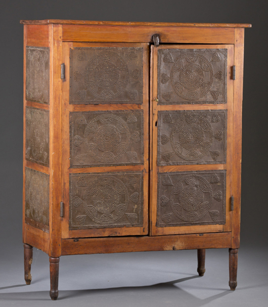 Early 19th-century pie safe with six punched-tin door panels, est. $500-$1,500. Quinn & Farmer image.