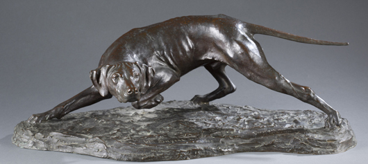 Frederick William Sievers (American, 1872-1966) bronze sculpture, ‘Locked on Point,’ 1906 copyright, est. $8,000-$12,000. Quinn & Farmer image.