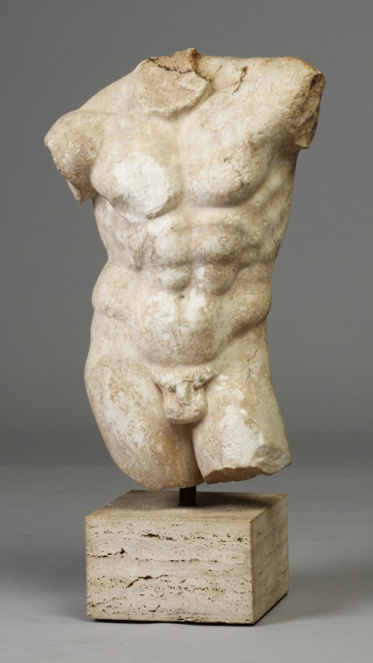 Marble Roman torso, executed in the second century, 20 inches in height (est. $20,000-$40,000). Cottone Auctions image.