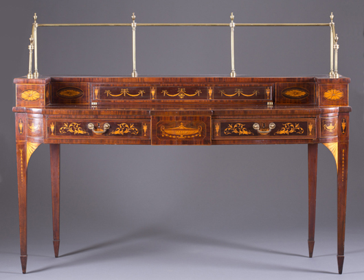 Circa-1800 Scottish mahogany with fruitwood marquetry sideboard, inlaid with classical forms, est. $1,500-$2,500. Quinn & Farmer image.