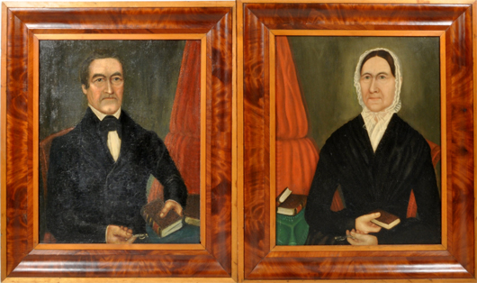 Pair of folk art portraits, Ridgefield Conn. Woodbury Auction image.