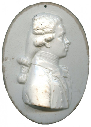 Wedgwood creamware portrait medallion, circa 1790, of Louis-Marie, Vicomte de Noailles (1756-1804), French general and politicians. Baldwin’s image.