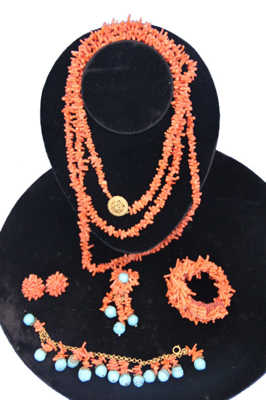 Vintage red coral and turquoise jewelry. Atlantic Auction Co. image.