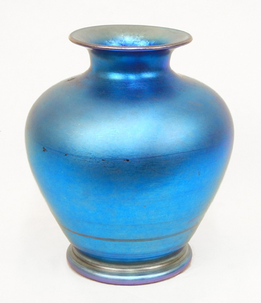 Iridescent blue art glass vase. Stephenson's Auctioneers image.