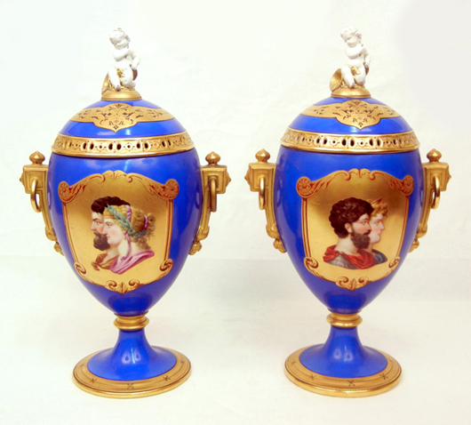 Pair of Sevres mantel urns. Stephenson's Auctioneers image.