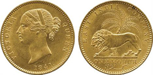 Lot 2459 - British India, gold mohur, 1841C, obverse ‘VICTORIA QUEEN,’ mint state. Estimate: £3,500-£4,500. Baldwin’s image.