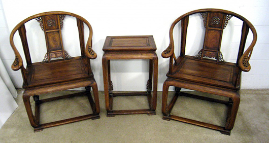 Set of two 19th century Chinese wraparound hardwood chairs with 29-inch matching end table. Gordon S. Converse & Co. image.   