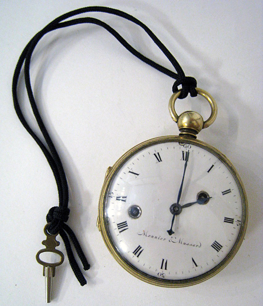 Extremely rare 18th century pocket clock watch made by Monnier & Mussard of Switzerland. Gordon S. Converse & Co. image.
