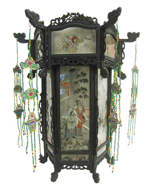 Highly decorative authentic Qing period lantern with reverse-painted glasses, 26 inches tall. Gordon S. Converse & Co. image.