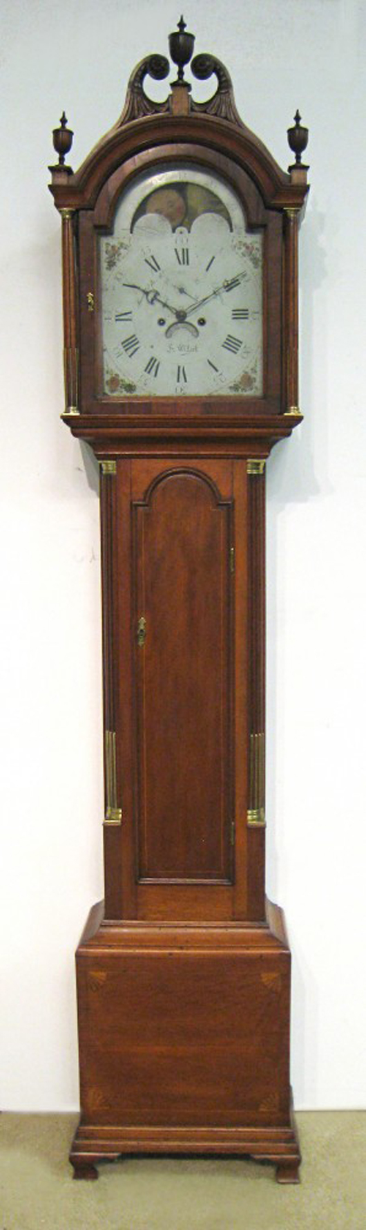 Mahogany Federal tall-case clock signed on the dial ‘E. Willard.’ Gordon S. Converse & Co. image.