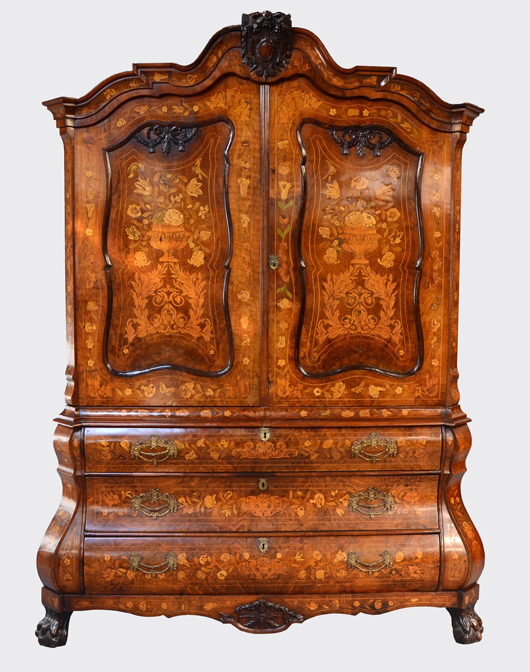 19th Century Dutch floral marquetry bombe cabinet on chest. Estimate: £2,500-£4,000. Ewbank’s image.