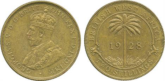 Tops among the British West Africa pieces is lot 3202, a Nickel-Brass 1928 George V 2-shilling. The coin carries a pre-sale estimate of £6,000-£8,000. Baldwin’s image.