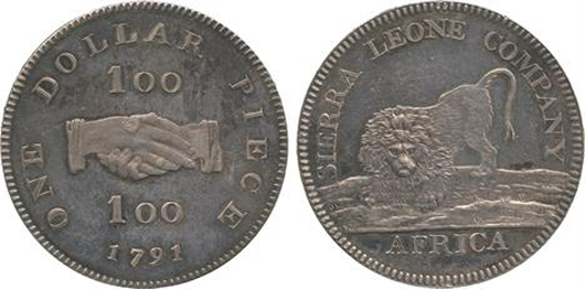 Lot 3253 – 1791 Sierra Leone silver proof dollar. Estimate: £6,000-£8,000. Baldwin’s image.