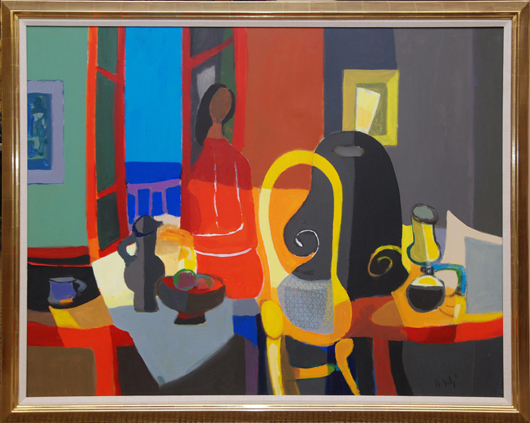 Oil on canvas by Marcel Mouly (French, 1918-2008) of a woman in home interior scene (est. $8,000-$10,000). Elite Decorative Arts image.